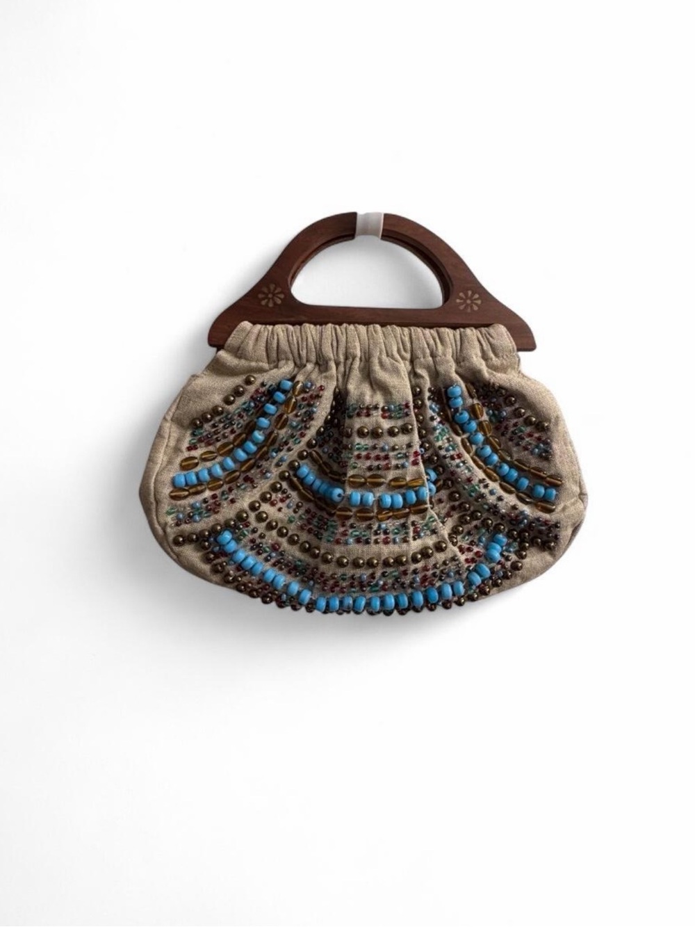 Embellished Beige Beaded Handbag with Wooden Handles